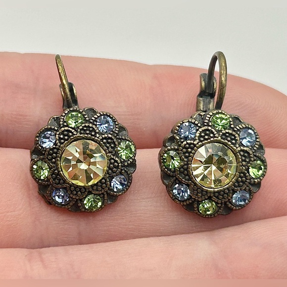 Jewelry - Green and Blue Crystal Studded Oxidized Gold Tone Drop Earrings